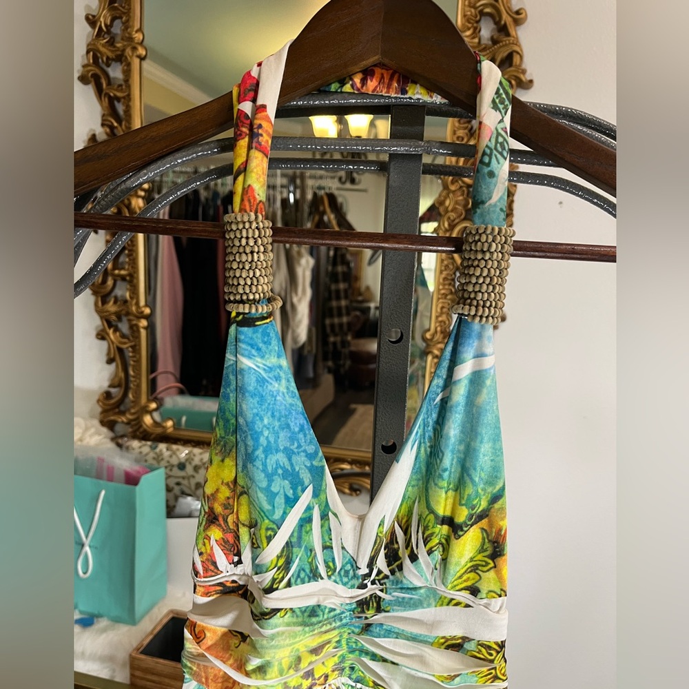 Cristinalove Turquoise and Yellow Halter Beachy Tropical Dress with Rhinestones - Picture 3 of 14